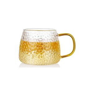 Yeni Tasarım Ezme Dövülmüş Desen Kupa Sarı Kulplu 350 Ml Cam Fincan 6 Adet