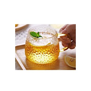 Yeni Tasarım Ezme Dövülmüş Desen Kupa Sarı Kulplu 350 Ml Cam Fincan 6 Adet