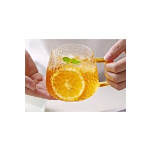 Yeni Tasarım Ezme Dövülmüş Desen Kupa Sarı Kulplu 350 Ml Cam Fincan 6 Adet