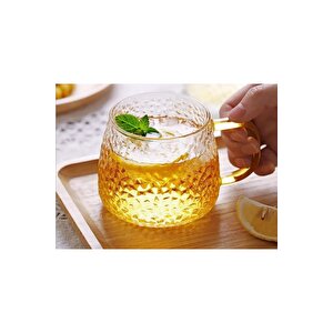 Yeni Tasarım Ezme Dövülmüş Desen Kupa Sarı Kulplu 350 Ml Cam Fincan 6 Adet