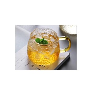 Yeni Tasarım Ezme Dövülmüş Desen Kupa Sarı Kulplu 350 Ml Cam Fincan 6 Adet