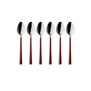 Parlak Gümüş Bordo Tatlı Kaşığı Seti, Kahvaltı Kaşık Seti Kutulu, Paslanmaz Çelik, 6 Adet Gümüş