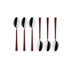 Parlak Gümüş Bordo Tatlı Kaşığı Seti, Kahvaltı Kaşık Seti Kutulu, Paslanmaz Çelik, 6 Adet Gümüş