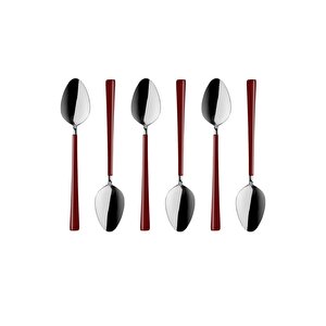 Parlak Gümüş Bordo Tatlı Kaşığı Seti, Kahvaltı Kaşık Seti Kutulu, Paslanmaz Çelik, 6 Adet Gümüş