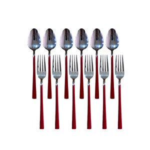 Parlak Gümüş Kırmızı Tatlı Çatal Ve Kaşık Seti - 12 Adet Kahvaltı Pasta Tatlı Çatal Kaşık Seti