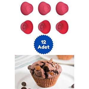 Kırmızı 12'li Silikon Mini Browni Kalıbı - Muffin Kalıbı 12 Adet Cupcake Kek Kalıbı