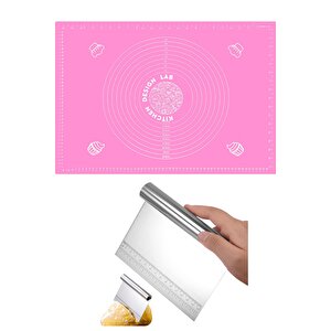 Pembe Silikon Ölçülü Çok Amaçlı Hamur Açma Matı 45 Cm X 65 Cm Ve Ölçülü Çelik Hamur Kesme Spatulası