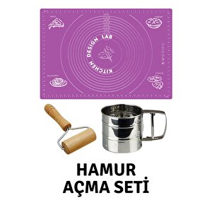 Mor 45x65 Cm Silikon Hamur Açma Matı, Çelik Un Eleği Ve Ahşap Saplı Hamur Açıcı
