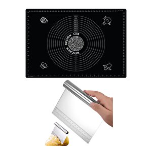 Siyah Silikon Ölçülü Çok Amaçlı Hamur Açma Matı 45 Cm X 65 Cm Ve Ölçülü Çelik Hamur Kesme Spatulası