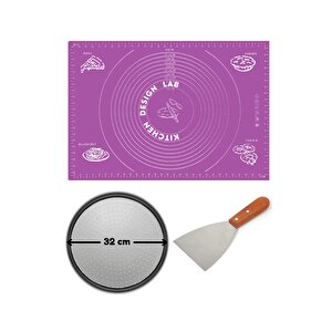 Mor Hamur Açma Matı 45 X 65 Cm, 32 Cm Pizza Tepsisi Ve Ahşap Uzun Saplı Hamur Ve Pizza Kesici