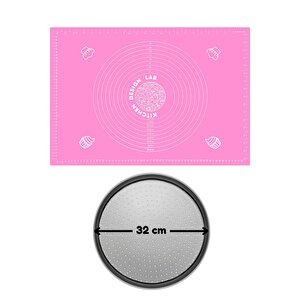 2li Set Pembe 45x65 Cm Silikon Hamur Açma Matı Ve Pizza Tepsisi 32 Cm