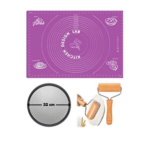 Mor Silikon Hamur Açma Matı 45 X 65 Cm, 32 Cm Pizza Tepsisi Ve Ahşap Saplı Hamur Açıcı