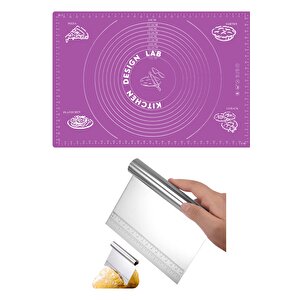Mor Silikon Ölçülü Çok Amaçlı Hamur Açma Matı 45 Cm X 65 Cm Ve Ölçülü Çelik Hamur Kesme Spatulası