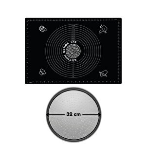 2'li Set Siyah 45x65 Cm Silikon Hamur Açma Matı Ve Pizza Tepsisi 32 Cm