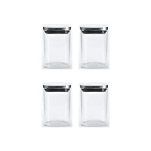 Vakum Krom Kapaklı Kare Cam Kavanoz 6,5x10,5 Cm - 300 Ml Cam Baharatlık Saklama Kabı 4 Adet