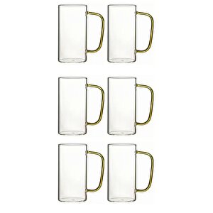 Yeni Stil Sarı Renkli Borosilikat Cam Yuvarlak Nescafe,latte,kahve Kulplu Kupa 400 Ml 6 Adet