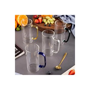 Yeni Stil Sarı Renkli Borosilikat Cam Yuvarlak Nescafe,latte,kahve Kulplu Kupa 400 Ml 6 Adet