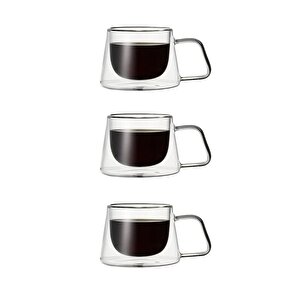 Yeni Tasarım Neskafe Ekspresso Fincanı, Çift Cidarlı Kulplu Cam Fincan 3 Adet 1836