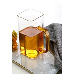 Yeni Stil Turuncu Renkli Borosilikat Cam Kare Nescafe,latte,kahve Kulplu Kupa 350 Ml 2 Adet 2950