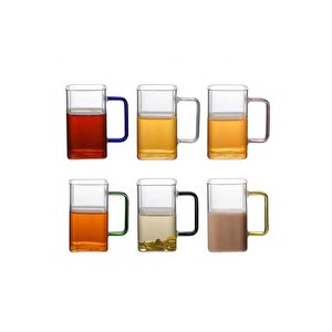 Yeni Stil Sarı Renkli Borosilikat Cam Kare Nescafe,latte,kahve Kulplu Kupa 200 Ml 6 Adet