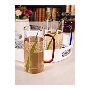 Yeni Stil Mavi Renkli Borosilikat Cam Yuvarlak Nescafe,latte,kahve Kulplu Kupa 400 Ml 4 Adet