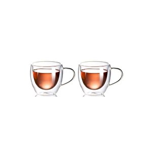 Neskafe Çay Fincanı Çift Cidarlı Cam Kupa 250 Ml Kulplu Cam Bardak 2 Adet 2037