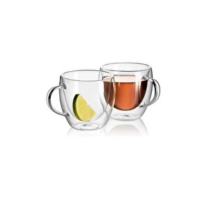 Neskafe Çay Fincanı Çift Cidarlı Cam Kupa 250 Ml Kulplu Cam Bardak 2 Adet 2037