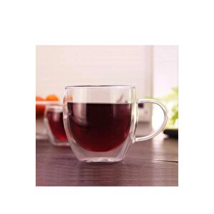 Neskafe Çay Fincanı Çift Cidarlı Cam Kupa 250 Ml Kulplu Cam Bardak 2 Adet 2037