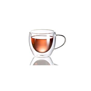 Neskafe Çay Fincanı Çift Cidarlı Cam Kupa 250 Ml Kulplu Cam Bardak 2 Adet 2037