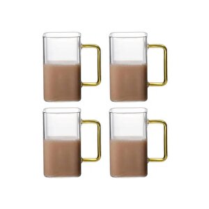 Yeni Stil Sarı Renkli Borosilikat Cam Kare Nescafe,latte,kahve Kulplu Kupa 200 Ml 4 Adet