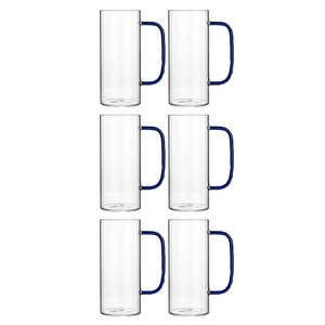 Yeni Stil Mavi Renkli Borosilikat Cam Yuvarlak Nescafe,latte,kahve Kulplu Kupa 400 Ml 6 Adet