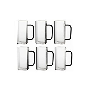 Kare Cam Siyah Kulplu Latte Meşrubat Nescafe Süt Su Bardağı Çeyiz Listesi 350 Ml 6 Adet
