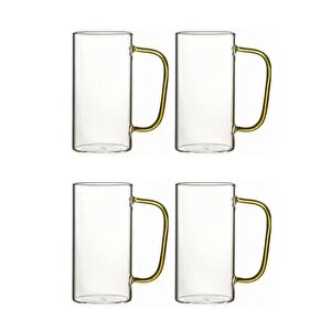 Yeni Stil Sarı Renkli Borosilikat Cam Yuvarlak Nescafe,latte,kahve Kulplu Kupa 400 Ml 4 Adet