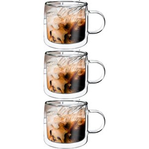 Çift Cidarlı Kahve,latte,çay Bardağı Seti -250 Ml Cam Kupa Seti 3 Adet 2128