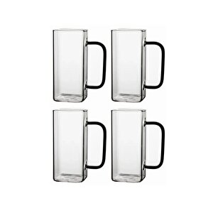 Kare Cam Siyah Kulplu Latte,meşrubat,nescafe,süt,su Bardağı 350 Ml 4 Adet