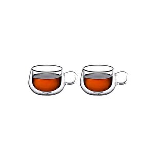 Yeni Tasarım Çift Cidarlı 200 Ml Kulplu Cam Bardak, Neskafe Fincanı, Çay Kupası, 2 Adet 2673