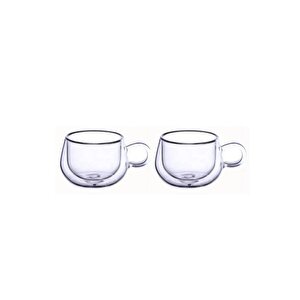 Yeni Tasarım Çift Cidarlı 200 Ml Kulplu Cam Bardak, Neskafe Fincanı, Çay Kupası, 2 Adet 2673