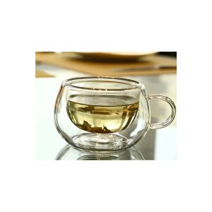 Yeni Tasarım Çift Cidarlı 200 Ml Kulplu Cam Bardak, Neskafe Fincanı, Çay Kupası, 2 Adet 2673