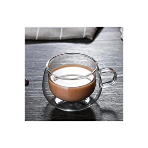 Yeni Tasarım Çift Cidarlı 200 Ml Kulplu Cam Bardak, Neskafe Fincanı, Çay Kupası, 2 Adet 2673