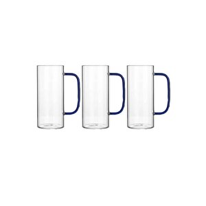 Yeni Stil Mavi Renkli Borosilikat Cam Yuvarlak Nescafe,latte,kahve Kulplu Kupa 400 Ml 3 Adet