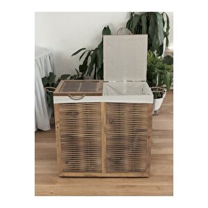 Ahşap Hasır Görünümlü Çift Bölmeli 2 Kapaklı Kirli Çamaşır Sepeti