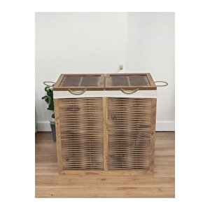 Ahşap Hasır Görünümlü Çift Bölmeli 2 Kapaklı Kirli Çamaşır Sepeti