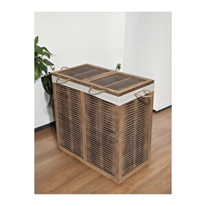 Ahşap Hasır Görünümlü Çift Bölmeli 2 Kapaklı Kirli Çamaşır Sepeti