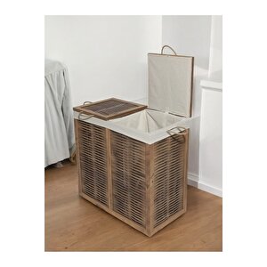 Ahşap Hasır Görünümlü Çift Bölmeli 2 Kapaklı Kirli Çamaşır Sepeti