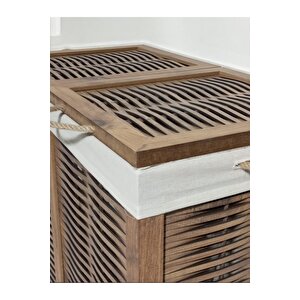 Ahşap Hasır Görünümlü Çift Bölmeli 2 Kapaklı Kirli Çamaşır Sepeti