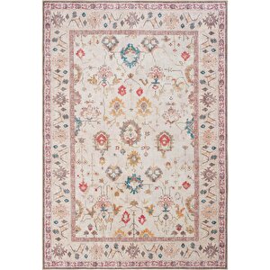 Private Krem Halı Etnik Desen Çiçekli Şönil Halı Yıkanabilir Eskitme Vintage Salon Halısı 230x330 cm