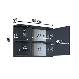 Kulpsuz Tek Kapaklı Mat Suntalam 60 Cm Aynalı Banyo Üst Dolabı Antrasit
