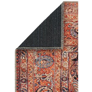 Cool Halı Private Turuncu Etnik Desenli Çiçekli Şönil Halı Yıkanabilir Eskitme Vintage Salon Halısı