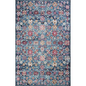 Private Mavi Eskitme Vintage Halı Çiçek Otantik Dokuma Şönil Halı Yıkanabilir Salon Halısı 230x310 cm
