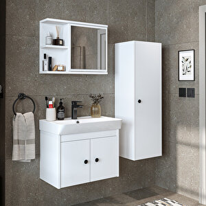 Ada Lavabolu Banyo Alt Dolabı + Banyo Üst Dolabı + Banyo Boy Dolabı Beyaz